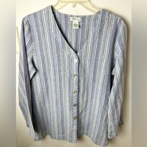 Orvis Top Women’s 12 Stripe Linen Blend Long Sleeve Button Up Lagenlook BOHO